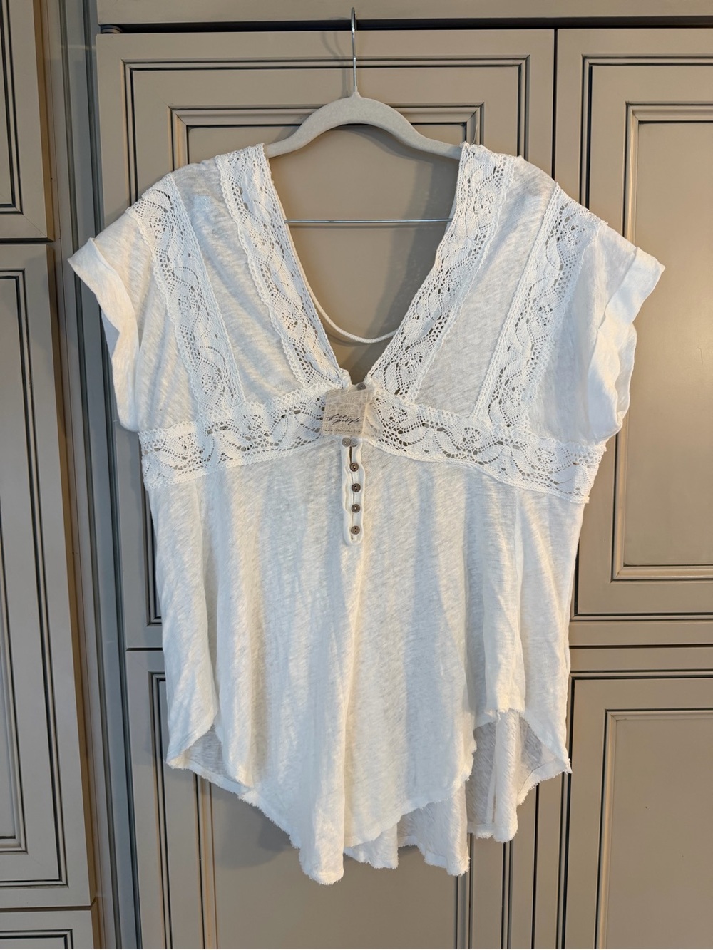 NWT FP FREE PEOPLE Lace-Trim Linen V-Neck Button Front Blouse Top Western Boho